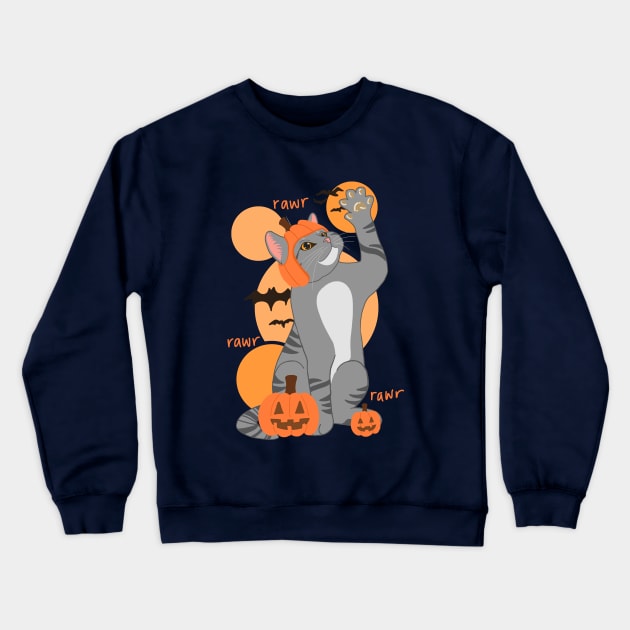 HALLOWEEN PUMPKIN GRAY CAT Crewneck Sweatshirt by ulricartistic